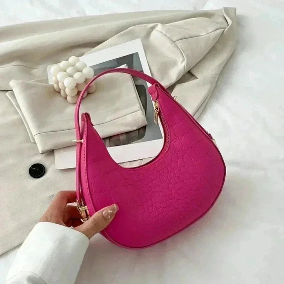 Hot Pink Casual Women's Solid Color Crocodile Pattern Shoulder Bag - Picture 4 of 6